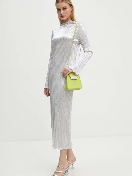 Haljina Never Fully Dressed Silver Plisse Sophia srebrna midi ravna srebrena