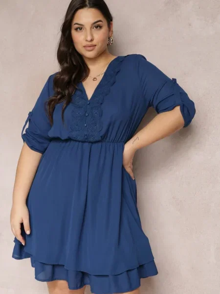 Rochie mini bleumarin cu în talie și inserții din dantelă Kelia