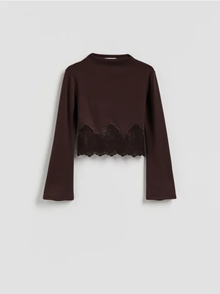 Reserved Блузка з мереживом темно коричневий