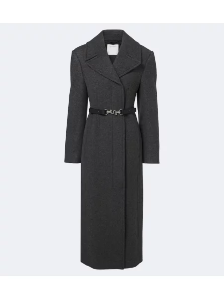 Cu centură palton Sportmax de lână cu model herringbone gri