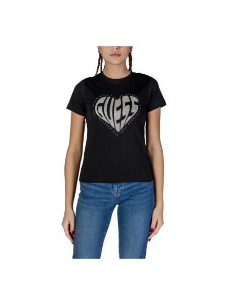 Guess Koszulki Kobieta M Serce Rhinestone Crew Neck Tee czarny