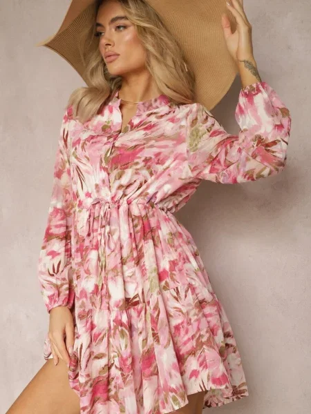 Rochie mini cu mâneci lungi și volan decorată cu imprimeu floral Nadkira roz