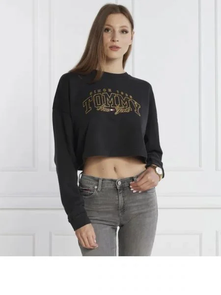 Tommy Jeans Hanorac LUXE VARSITY CREW | Cropped Fit negru