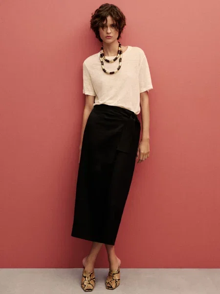 Лляна Спідниця міді MANGO чорний