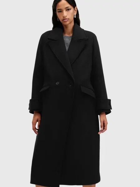 Пальто з домішкою вовни AllSaints MABEL COAT перехідне двобортне чорний