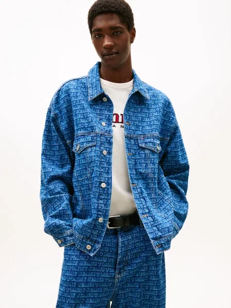 Tommy Jeans Prechodná bunda AOP denim / biela modrá