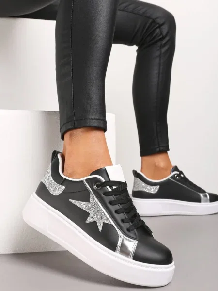 Sneakers cu Platforma Joasa si Insertii Sclipitoare Cominia negri