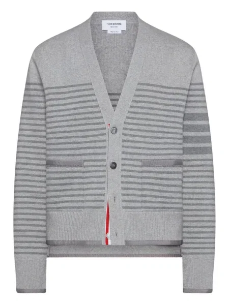 Cardigan Thom Browne cu dungi cu decolteu în V gri