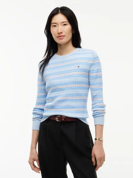 TOMMY HILFIGER Sveter azúrová / svetlomodrá / bordová biela
