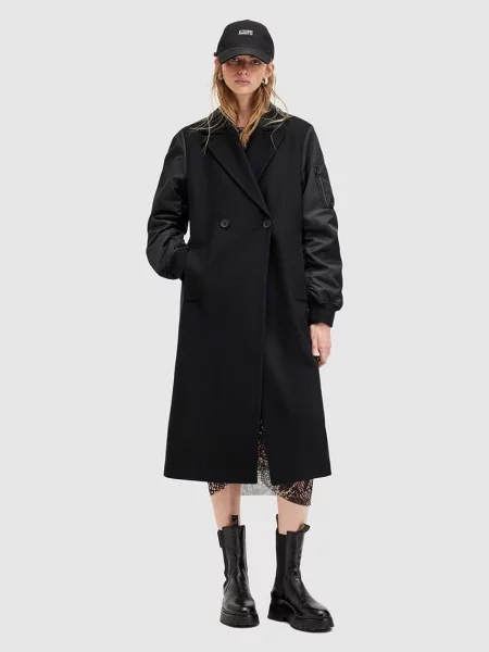 AllSaints palton de lana PAULAH de tranzitie cu doua randuri de negru