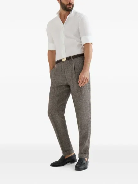 Lněné plisované kalhoty Brunello Cucinelli s pepito vzorem hnědé