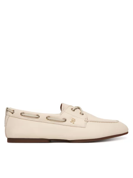 Nizki čevlji Tommy Hilfiger Th Sleek Leather Boat Shoe Écru bež