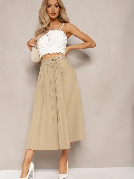Fustă Midi Pliată cu Cataramă Decorativă cu Croi Clos Galeasa bej
