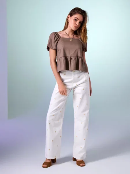 Джинси wide leg з вишивкою білий