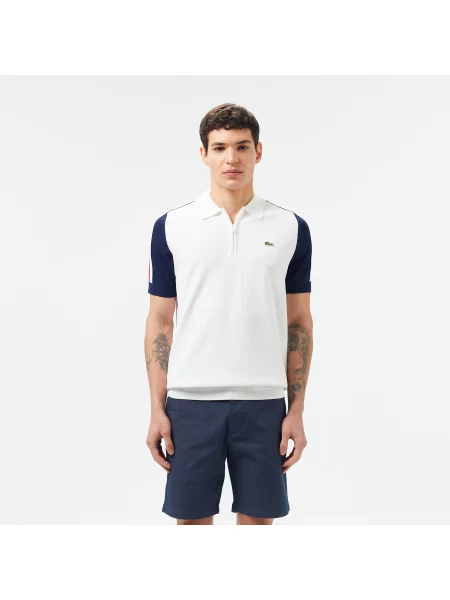 Lacoste Sweter Z Krótkim Rękawem Half Zip Z Blokadą Koloru biały