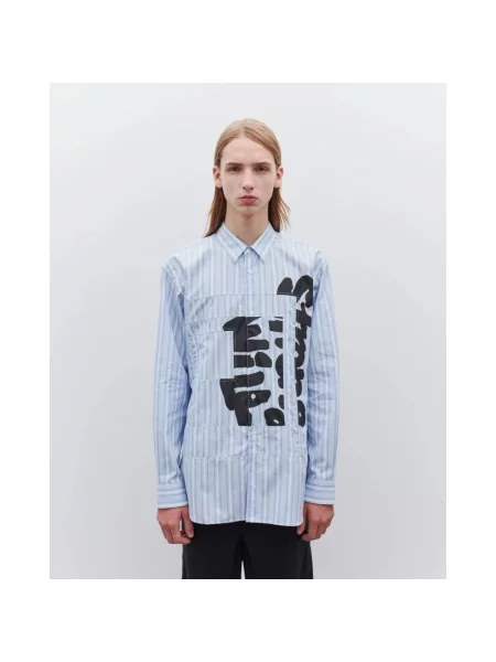 Koszula Comme Des Garcons z nadrukiem wełniana niebieska