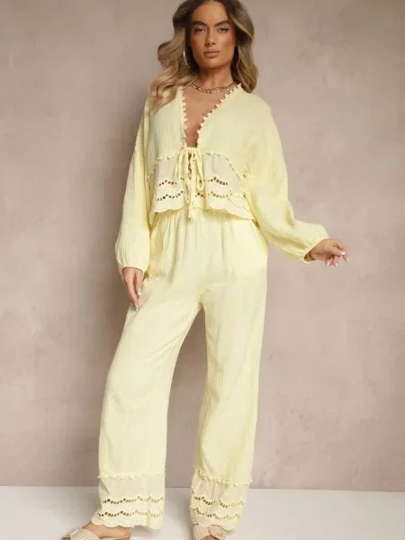 Komplet z Bawełny z Ażurowymi Wstawkami Bluzka z Wiązaniem i Spodnie Jaette żółty