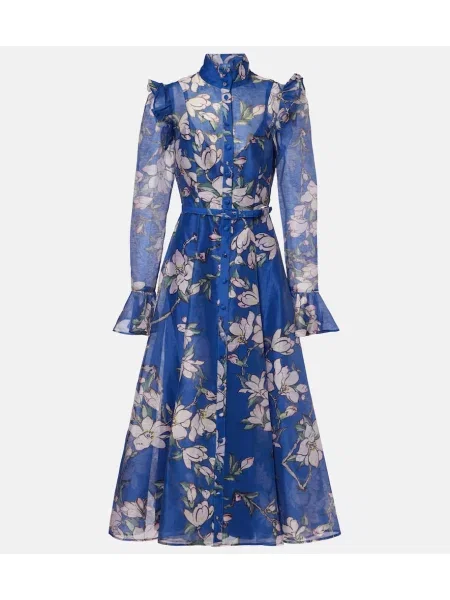Rochie midi Leo Lin de in cu model floral până la genunchi albastru