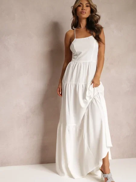 Rochie Maxi Cloș cu Volane și Fundă la Spate Karins albă
