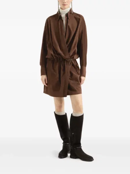 Rochie tip cămașă Brunello Cucinelli din piele de căprioară maro