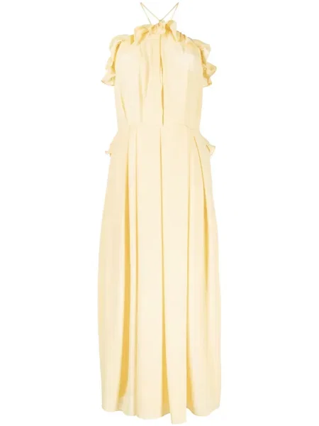 Sukienka midi Bambah z falbankami do kolan z dekoltem halter żółta