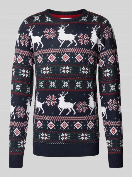 Sweter z dzianiny ze wzorem na całej powierzchni Lindbergh granatowy