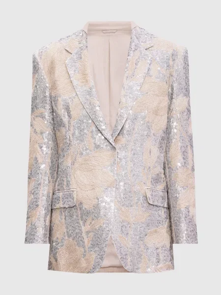Жакет з льону з квітковою вишивкою Brunello Cucinelli бежевий
