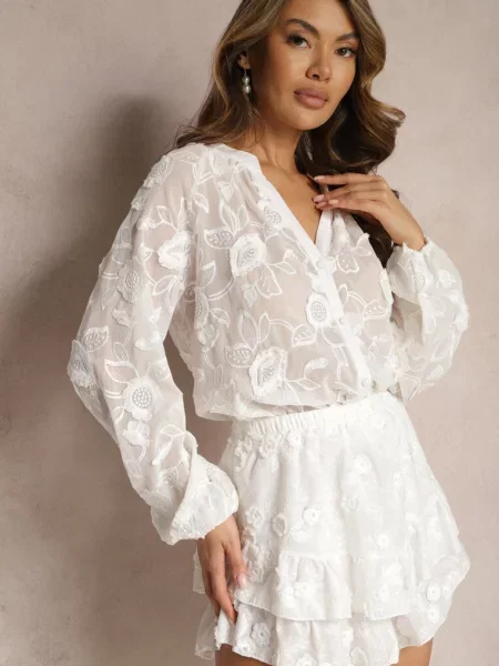 Spódnico-Spodenki Ozdobione Falbankami i Haftem Boho Zelriva białe