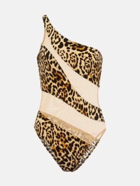 Strój kąpielowy Norma Kamali z siateczką asymetryczny w wężowy wzór beżowy