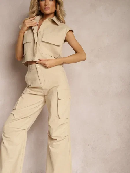 Set din Pantaloni Stil Cargo Cămașă cu cu Dimnas bej