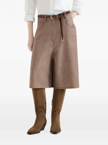 Vilnonės "houndstooth" rašto šortai Brunello Cucinelli ruda