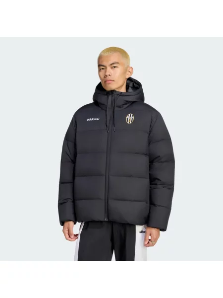 Péřová bunda Juventus Turin Climawarm 3 Stripes s kapucí černá