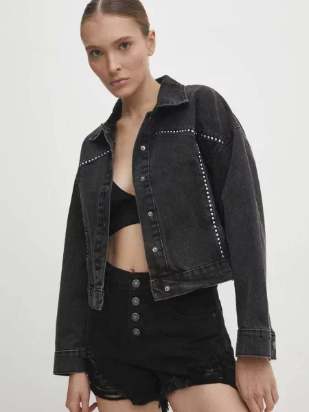 Дънково яке Answear Lab преходен модел с уголемена кройка черно