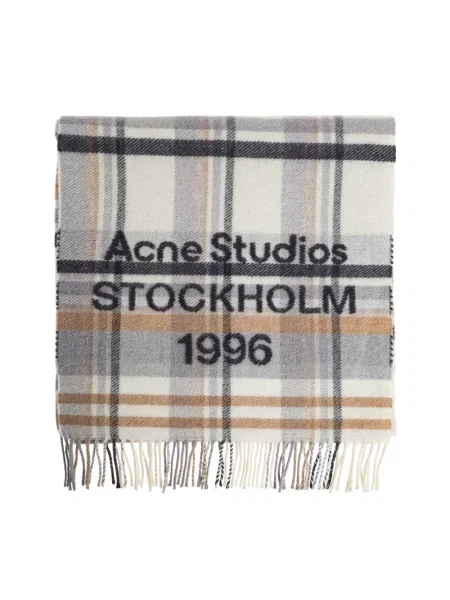 Szal Acne Studios wełniana w kratę z logo szara