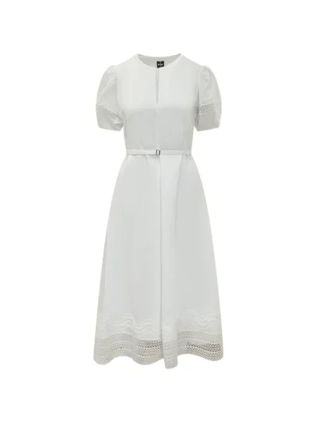 Cu centură rochie midi Boss din dantelă alb