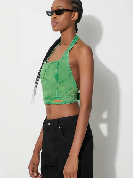 Heron Preston top jeansowy Distressed Canvas Corset Bra zielony