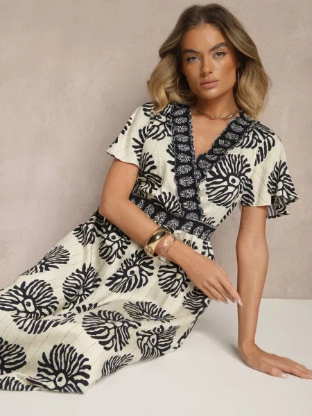Sukienka w Print Boho z Rozkloszowana z Dekoltem V Palarina niebieska