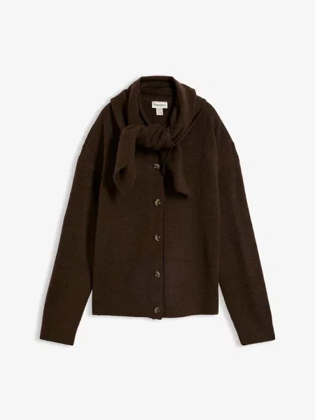 Sweter rozpinany z kołnierzem szalowym brązowy