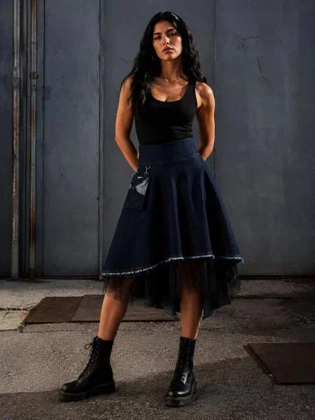 BIBI SAKALIEVA Fustă Asymmetric Denim Midi Skirt with Tulle and Removable Pocket denim albastru