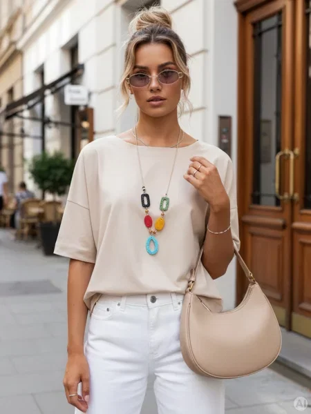 Bluzka oversize z ozdobnym naszyjnikiem BULS Dstreet beżowa