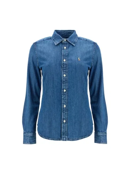 Bluzka Ralph Lauren z twillu z długim rękawem niebieska