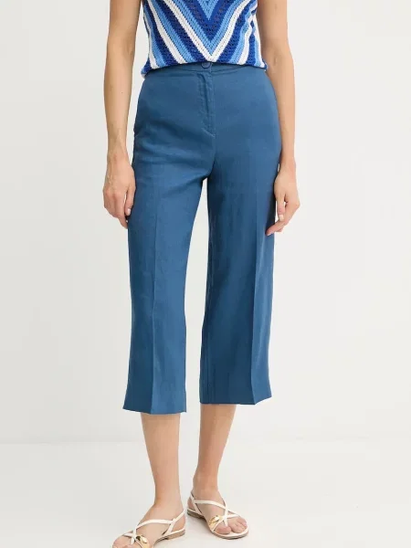 United Colors of Benetton spodnie lniane proste high waist niebieski