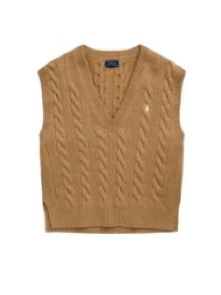 Sweter Polo Ralph Lauren wełniany z dekoltem w serek beżowy