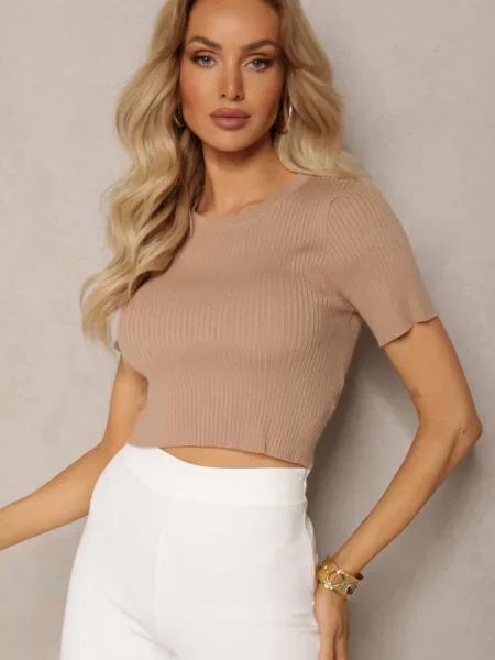 Ciemnobeżowy T-shirt z Prążkowanej Dzianiny o Krótkim Kroju Poutia beżowa