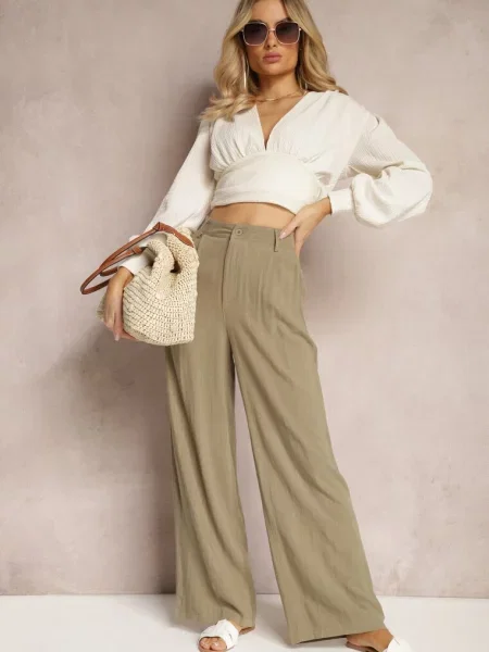 Ciemnozielone Szerokie Spodnie High Waist z Lnu i Apoises zielone