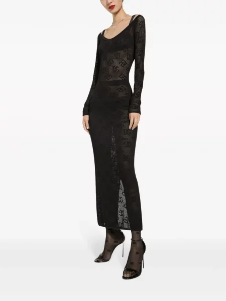 Žakárové oblekové maxi šaty Dolce & Gabbana s výstřihem do v černé