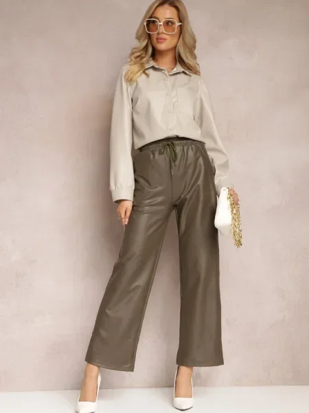 Pantaloni cu picioare largi și în talie imitație piele Agasa verzi