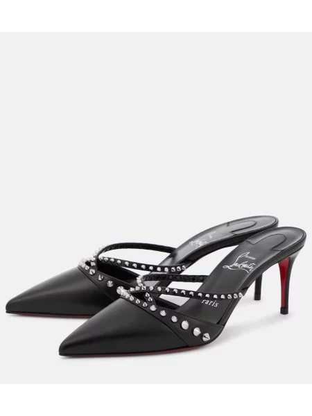 Papuci tip mules Christian Louboutin din piele cu tepi negru