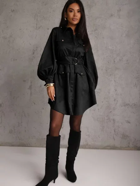 Rochie Utility cu croială de cămașă din piele întoarsă sintetică Wirette neagră