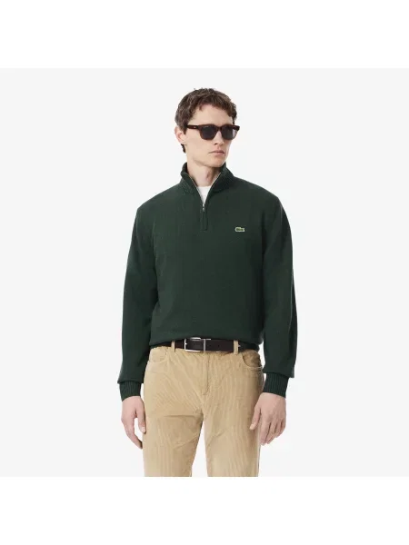 Lacoste Wełniany Sweter Z Wysokim Kołnierzem I Zamkiem zielony